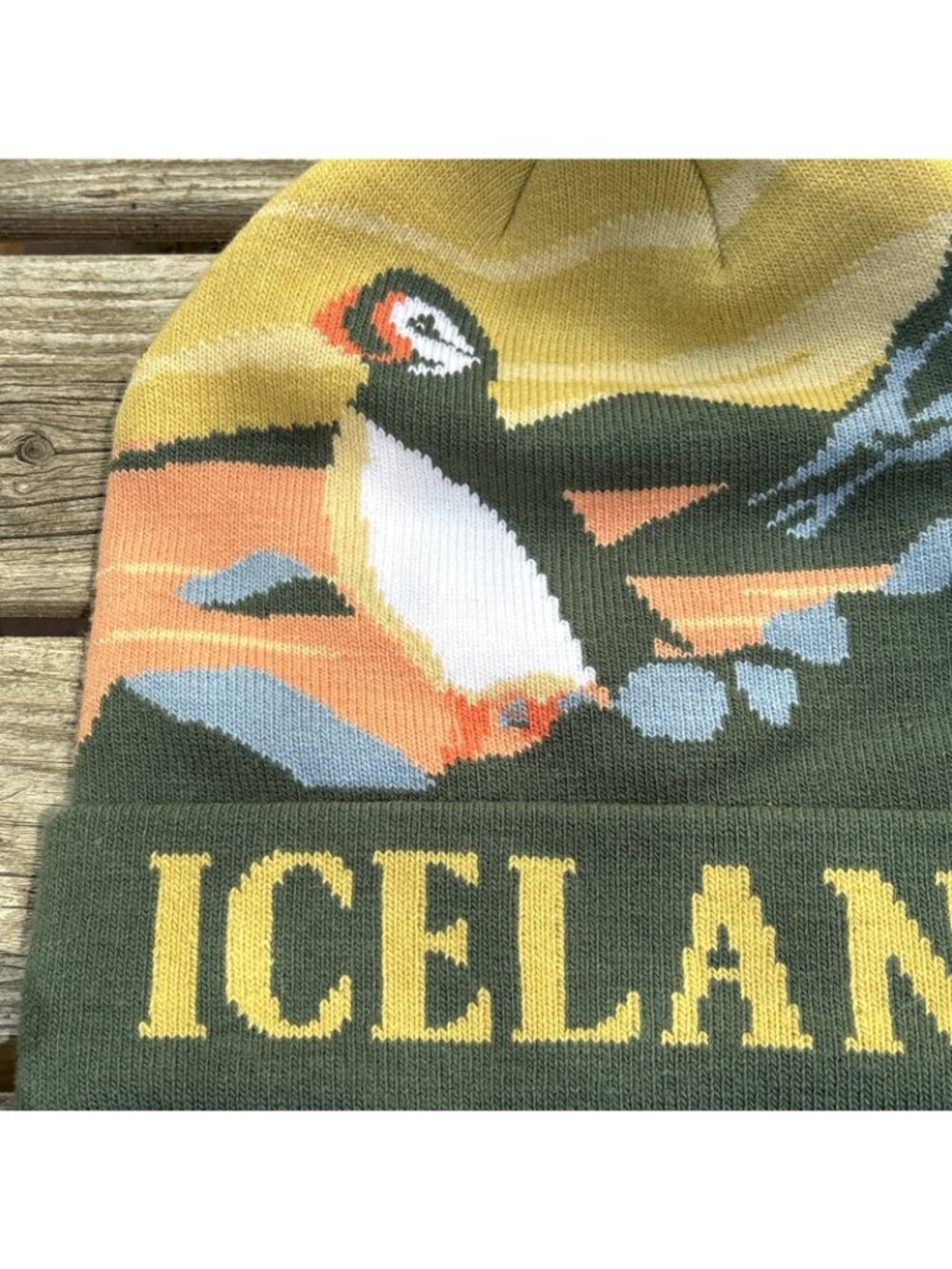 Icelandic Knit Winter Hat Puffin Bird Souvenir Pom Pom Toque Green Yellow - Picture 5 of 7